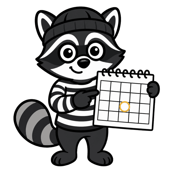 Raky pointing at a calendar
