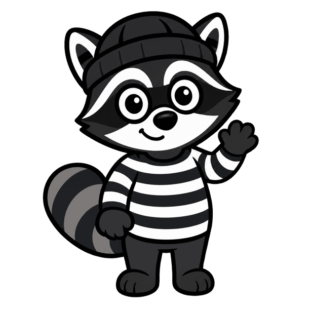 Raky, a raccoon in a striped jumper and beanie, waving hello