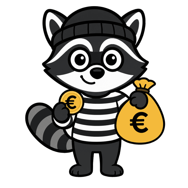 Raky holding a money bag marked with a euro