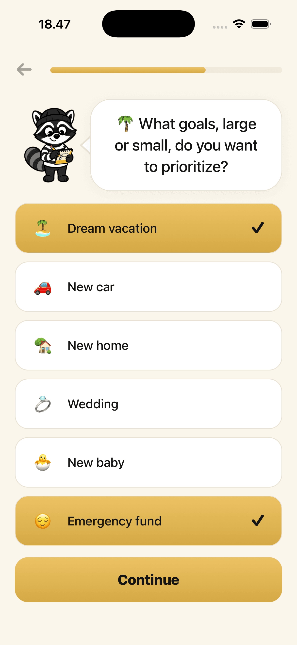Raky asking which goals to prioritise, with dream vacation and emergency fund selected